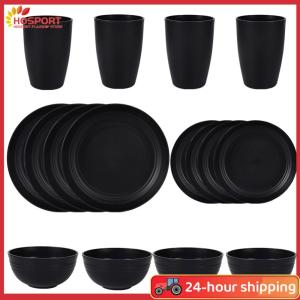 【HOSPORT】16Pcs Wheat Straw Cutlery Reusable Portable Cutlery Set Lightweight Dish Cup Bowl Set Outdoor Tableware Set for People