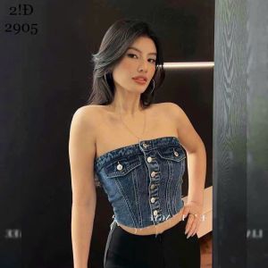 🍒🍒🍒ÁO ỐNG JEAN NỮ PHỐI TUA RUA NÚT TÚI HỘP J44-UTRRB