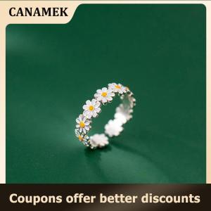 【 CANAMEK 】 Vintage Daisy Flower Rings For Women Cute Flower Ring Adjustable Open Finger Ring Wedding Engagement Rings Trends Female Jewelry