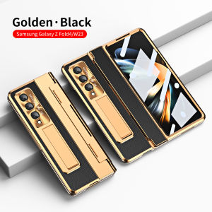 Hinge Plating Leather Kickstand Case For Samsung Galaxy Z Fold 7 Fold 6 Fold 5 Fold 4 Fold 3 Cover with Front Glass