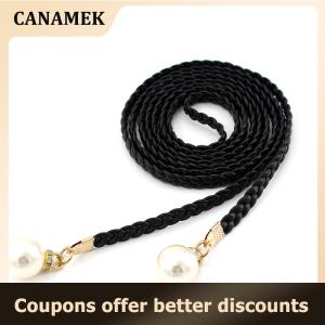 【 CANAMEK 】 Creative Thin PU Belt Simulated Pearl Elastic Waist Belts Women Dress Skirt Decoration Gift Women Belt