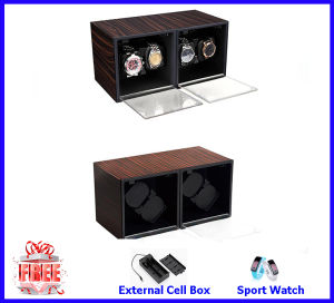 Twin Dual Slot Automatic Watch Winder Watch Display Storage Organizer Watches Case Auto Silent Wristwatch Boxes for 4 Watches Christmas Gift (Free Sport Watch+Cell Box)