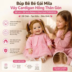 Búp Bê Bé Gái Mila Váy Cardigan Hồng Thân Gòn 60 cm = 24 inch Reborn Vinyl Doll PVN10123