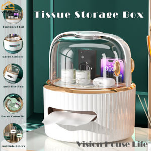 Vision Nordic Cosmetic Storage Box with Tissue Holder Multi-layer Tissue Box with Mobile Phone Holder Desktop Makeup Organizer Multi-functional Face Towel Storage Box Transparent Cover Stationery Container