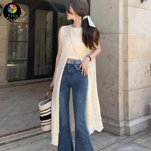 Desain Gaun Rompi Rajutan Blus Berlapis Khusus Dengan Rok Panjang Belahan Belakang Rok Yang Chic Hollow Out Vest