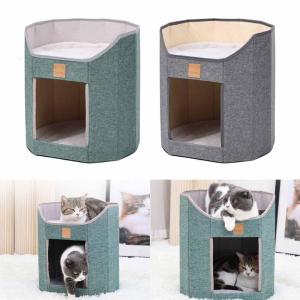 Double Deck Cat Tree Cat House Collapsible Cave Bed Kitten Warm Rest Bed Cats Habitat Four Season Cushion Bed Pet Supply