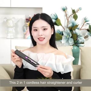CkeyiN Wireless Hair Straightener Portable 2 in 1 Straightener Curler 7 Gears Temperature Control LED Display Cordless Hair Flat Iron HF037
