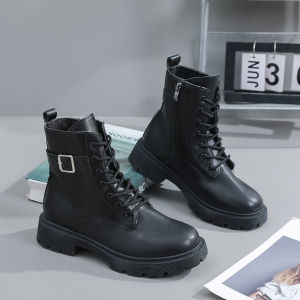 Falimottype)Size35-40 Womens British style retro mid tube belt buckle lace up boots versatile and fashionable leather short boots