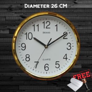 Jam Dinding Murah Bulat Kamar Kantor Ruang Tamu Perak Emas Silver Chrome Gold  Diameter 26cm Dekko