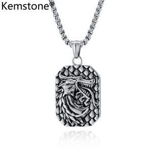 Kemstone Retro Domineering Mens Dragon Pendant Necklace Stainless Steel Square Pendant Zodiac Sign Dragon Jewelry