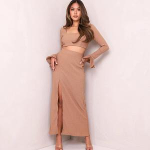 ZEALO Blakely Square Neck Bell Long Sleeves Crop Top and Slit Maxi Skirt Crinkle Set Terno