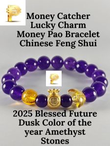 Money Catcher Lucky Charm Money Pao Bracelet w/ Amethyst stones Mantra Citrine & Money Pot Citrine stone Lucky color of the year Chinese Feng Shui