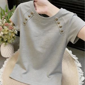 Ladies shoulder length short sleeved summer new round neck slim fit button fashionable loose casual T-shirt