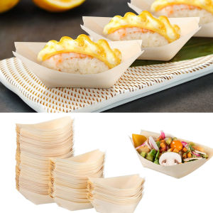 100pcs Bamboo Plates Disposable Wooden Boat Plates Food Boats Bamboo Leaf Boat Dishes Boat Sushi Serving Tray Food Container Wood Bowl for Catering and Home Party Use COD