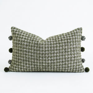 Premium Green Textured Woven Cushion Cover with Pom Poms Striped Patchwork Decorative Throw Pillow Case for Sofa Neutral Decor