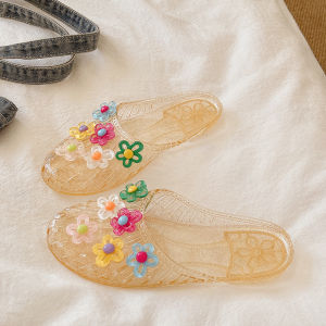 [Free Shipping]Retro-Style Crystal Slippers For Women DIY Floral Transparent Slippers Jelly Shoes Non-Slip For Bathing Beach Slippers For Friends
