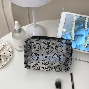BAIXL Portable Kitty Mesh Makeup Bag Lightweight KT Cat Transparent Mesh Cosmetic Bag Korean Ins Style Zipper Cosmetic Cases Bathroom