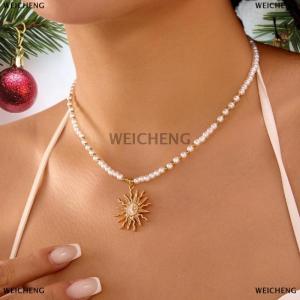 [COD] WEICHENG Retro Golden-Toned Sun Pendant Necklace For Women Elegant Beaded Chain Choker Neck Statement Party Vintage Jewelry Gift