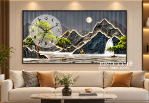 Tranh đồng hồ treo tường núi non hùng vĩ trang trí phòng khách TT141