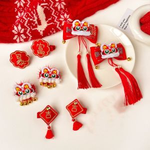 MINFEN Chinese Style Children New Year Hairpin Hanfu Headdress Hair Accessories Red Bow Hair Clip Sweet Tiger Shape New Year Barrettes Dancing
