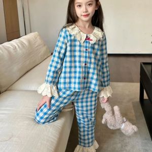 Spring Autumn Girls Cloud Cotton Pajama Set with Lace Trim Medium Large Kids Striped Plaid Homewear Casual Outfit2026