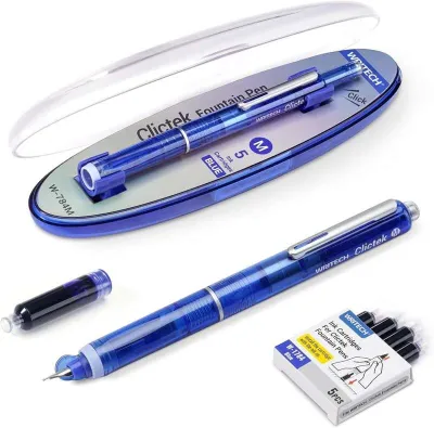 WRITECH Clictek Fountain Pen Set: Retractable Style Blue Medium Nib Transparent Barrel Includes 5 Ink Cartridges for Gift Set Smooth Writing No Leaking