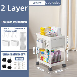 Household Storage Cart with Universal Wheels Poweful Load Capacity 2/4 Tier Utility Cart Trolley for Baby Product Kitchen Bathroom Food Grade Safe Material Organize Rack with Hanging Baskets Hook
