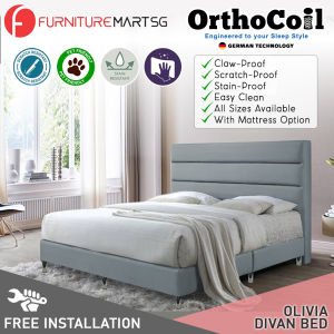 FurnitureMartSG OrthoCoil Olivia Bedframe Pet-Friendly Scratch-Resistant Fabric With Mattress Add-On Options -All Sizes
