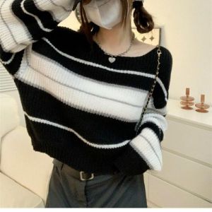 COD Striped pullover sweater womens clothing autumn and winter 2024 new Korean version short round neck shoulder sleeve knitted sweater top womenGFHHGDDF