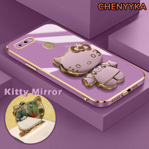CHENYYKA Casing Ponsel untuk OPPO A12 A12s A7 A5s A11K A5 A3s A12E Realme C1 Case silikon HP pelindung lensa penuh Casing ponsel dudukan ponsel lipat cermin Kitty kreatif Kesing lunak pelapis mewah Softcase