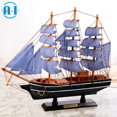 A-I Wooden Sailing Ship Mediterranean Style Home Decoration Handmade Carved Nautical Boat Model Gift