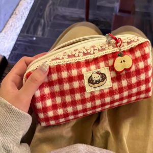 Kawaii Red Checkered Large Capacity Pencil Case Anime Cute Kt Cat School Supplies Stationery Bag School Prizes Gifts for Girls
