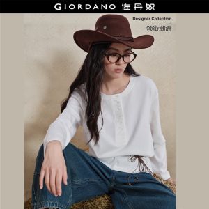 Giordano Women Henley neck extended placket long sleeve tee Free Shipping 18326913