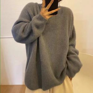 Autumn and winter O-neck wool sweater womens fleece loose thickened simple style knit pullover long sleeve backing shirt tops