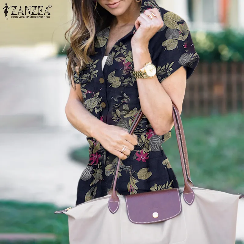 ZANZEA Womens Summer Printed Beach Loose Jumpsuit Short Sleeve