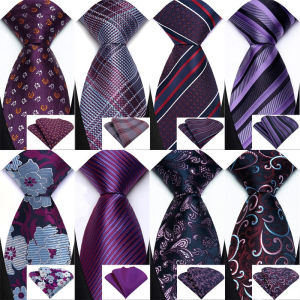 Luxury Mens Ties Floral Dark Purple Ties Paisley Stripes Plaid NeckTie Pocket Square Set Men Wedding Party Tie Accessories