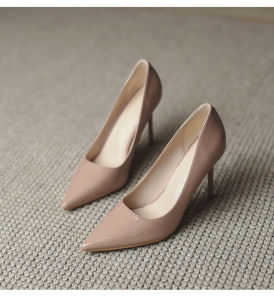 Free Shipping L Nude High Heels New Spring/Autumn Collection Patent Leather Pointed Toe Shallow Opening Versatile Professional And Elegant