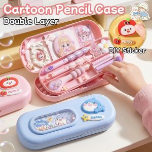 Pencil Case Storage Box Double Layer Large Capacity Plastic Cute Cartoon DIY School Desk Organizer