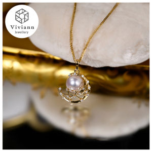 Viviann Original sterling silver Luxurious Delicate Seawater Pearl Large Moon Pendant Necklace in 18K Gold New Fashion Kpop Pearl Choker Necklace Cute Chain Pendant For Women Jewelry Girl Gift wedding