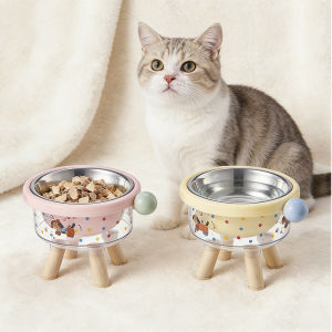Pet Feeder Single Wooden Stand with Steel Bowl No Spill Anti-Skid Pad Cat Dog Feeding Station for Healthy Posture