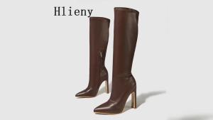 Hlieny Autumn Winter Women Knee-High Boots Fashion Pointed Toe High Heels Shoes Zipper Office Lady Long Botas De Mujer Size 42