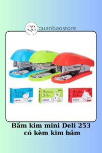 Bấm kim mini Deli 253 có kèm 1 hộp kim bấm số 10.