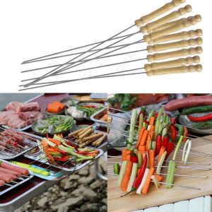 10pcs Stainless steel outdoor barbecue needle tool wooden handle barbecue needle lamb skewers
