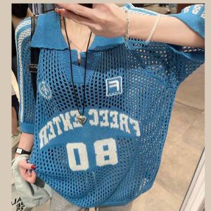 เสื้อไหมพรมเเขนสั้น  เสื้อไหมพรมถักตะข่ายเสื้อคอวี เสื้อยืดผู้หญิง เสื้อผ้าผู้หญิง สาวอวบใส่ได้ ระบายอากาศผ้านุ่มไม่คัน มาใหม่สุดฮิต