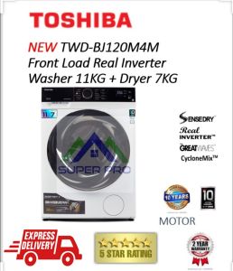 TOSHIBA 11KG/7KG 2 in 1 INVERTER FRONT LOAD WASHER DRYER TWDBJ120M4M/TWD-BJ120M4M MESIN BASUH