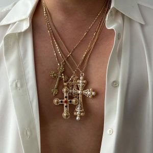 PTK52 Pearl Men Necklace Silver Ethnic Style Cross Pendant Necklace Creative Hip Hop Rhinestone Necklace Women