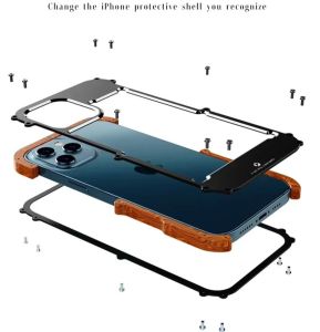 Iron Wood Metal Case For iPhone 16 15 14 Plus 13 Pro Max Luxury Thin Aluminum Frame Case Dropproof Shockproof Bumper Cover