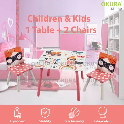 OKURA Kindergarten Children Kids Study Learning Table and 2 Chairs Set Writing Drawing Playtime Desk Tadika Meja Kerusi