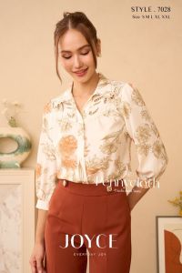 7028 เสื้อเชิ้ต Joyce ผ้าจอร์เจียพิมพ์ลาย งานปักฉลุ แขน 3 ส่วน by PENNY CLOTH