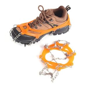GOOTRADES One Size Fits All Crampons Cleats Chain Boots Black/Orange Stainless Steel Snow Spikes Shoes Anti Slip Mountaineering Shoe Cover 10 Teeth Steel Ice Gripper Outdoor